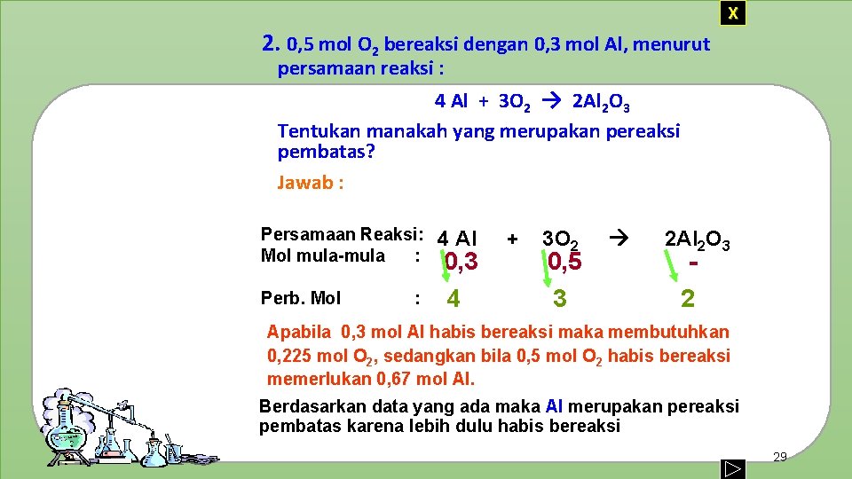 X 2. 0, 5 mol O 2 bereaksi dengan 0, 3 mol Al, menurut