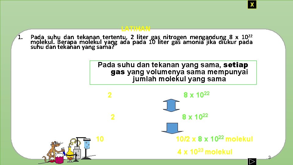 X 1. LATIHAN Pada suhu dan tekanan tertentu, 2 liter gas nitrogen mengandung 8