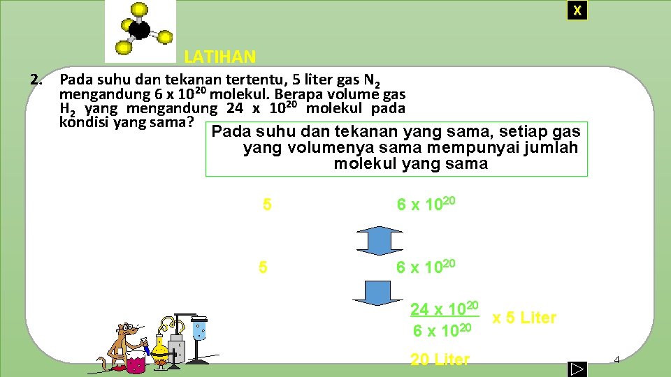 X LATIHAN 2. Pada suhu dan tekanan tertentu, 5 liter gas N 2 mengandung