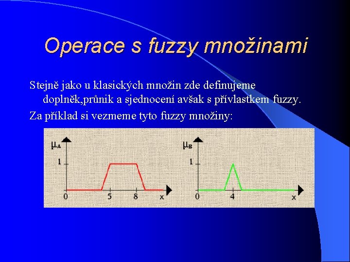 Operace s fuzzy množinami Stejně jako u klasických množin zde definujeme doplněk, průnik a