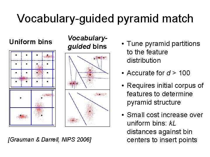 Vocabulary-guided pyramid match Uniform bins Vocabularyguided bins • Tune pyramid partitions to the feature