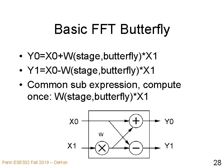 Basic FFT Butterfly • Y 0=X 0+W(stage, butterfly)*X 1 • Y 1=X 0 -W(stage,