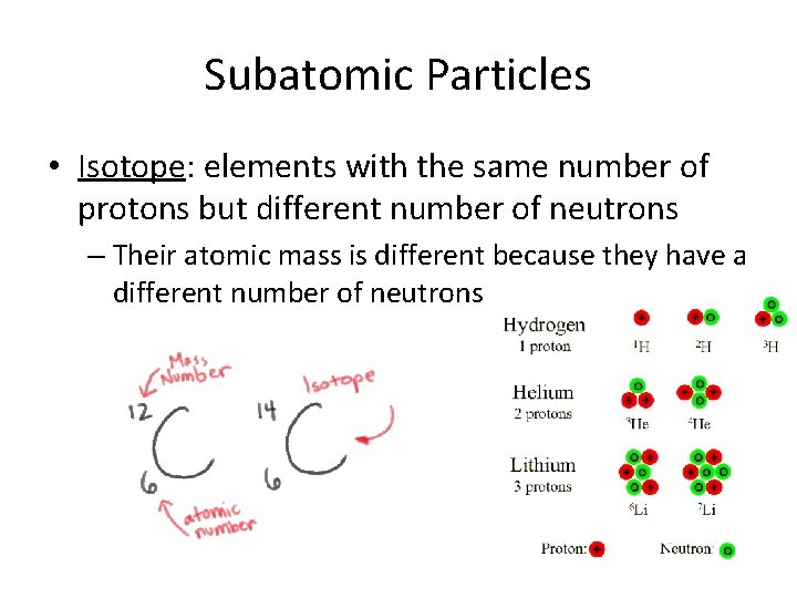 Subatomic Particles • Isotope: elements with the same number of protons but different number
