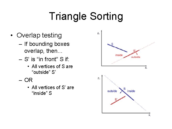 Triangle Sorting • Overlap testing – If bounding boxes overlap, then… – S’ is