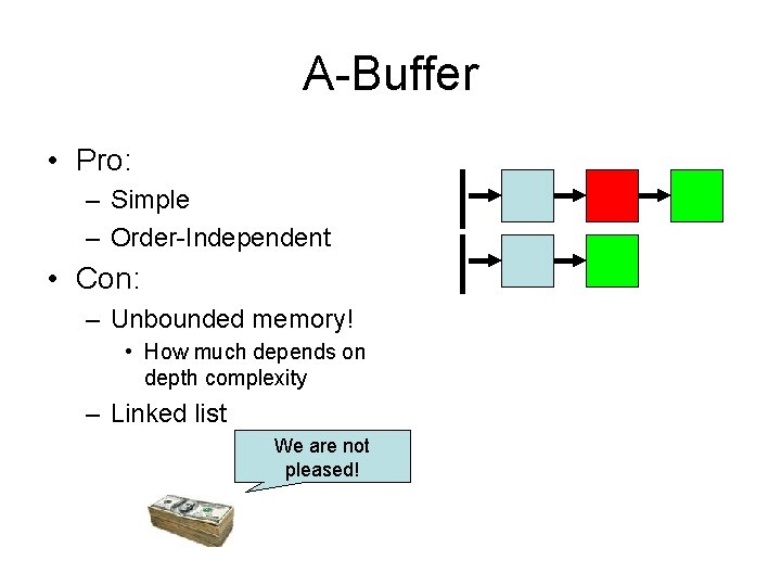 A-Buffer • Pro: – Simple – Order-Independent • Con: – Unbounded memory! • How