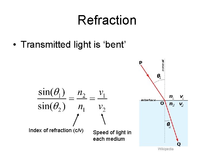 Refraction • Transmitted light is ‘bent’ Index of refraction (c/v) Speed of light in