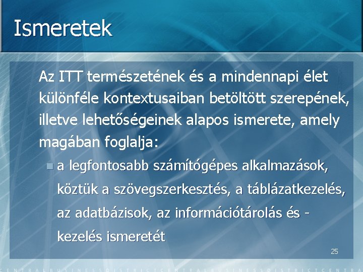 Ismeretek Az ITT természetének és a mindennapi élet különféle kontextusaiban betöltött szerepének, illetve lehetőségeinek