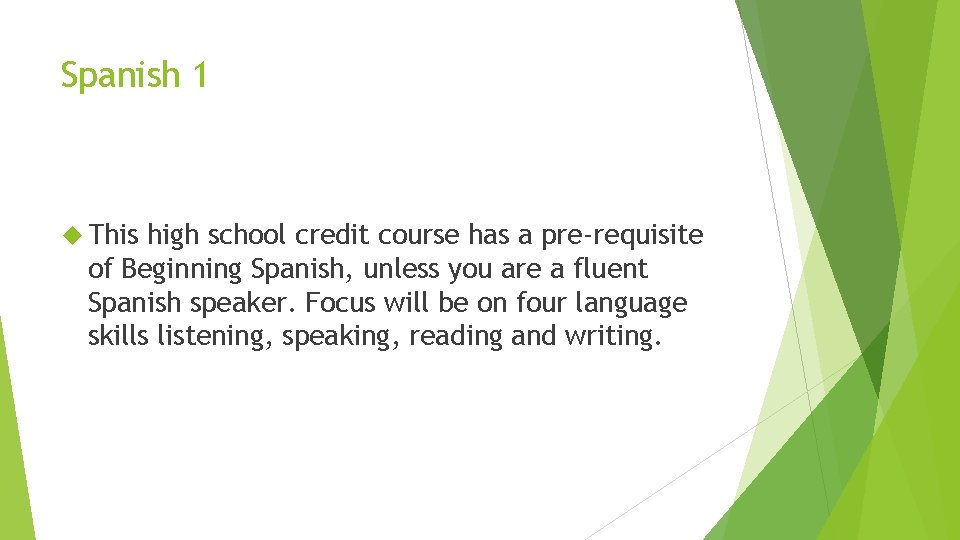 Spanish 1 This high school credit course has a pre-requisite of Beginning Spanish, unless