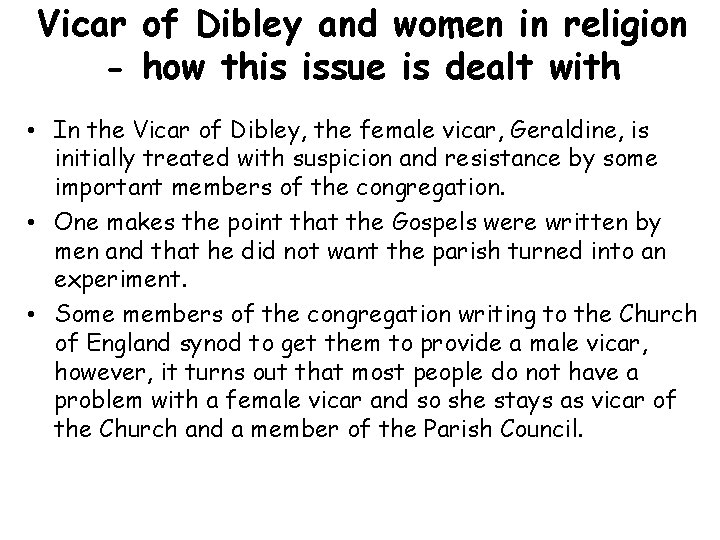 Vicar of Dibley and women in religion - how this issue is dealt with