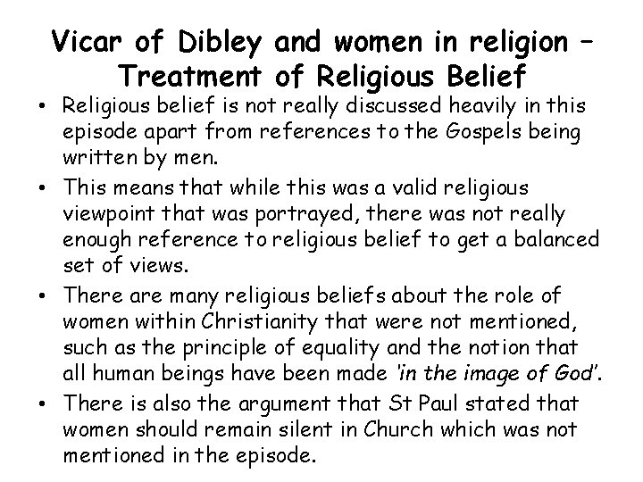 Vicar of Dibley and women in religion – Treatment of Religious Belief • Religious