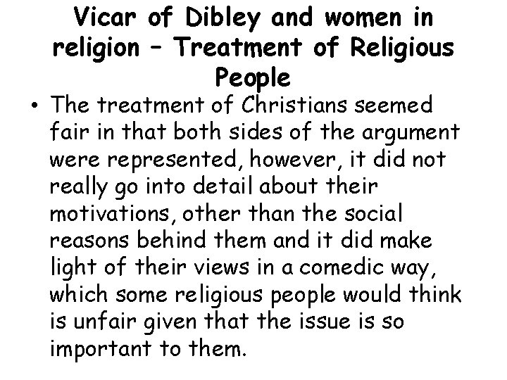 Vicar of Dibley and women in religion – Treatment of Religious People • The