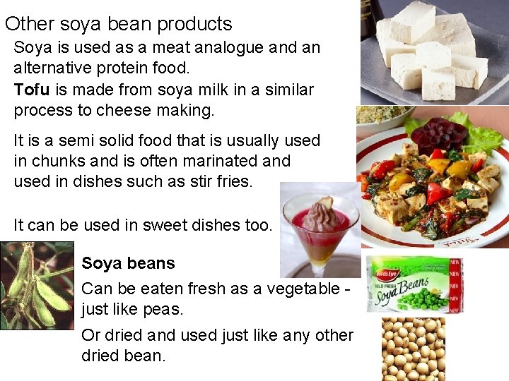 Other soya bean products Soya is used as a meat analogue and an alternative