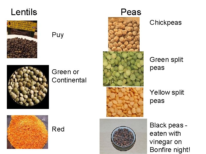 Lentils Peas Chickpeas Puy Green or Continental Green split peas Yellow split peas Red