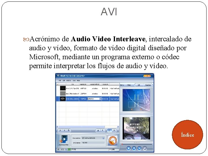 AVI Acrónimo de Audio Video Interleave, intercalado de audio y vídeo, formato de vídeo