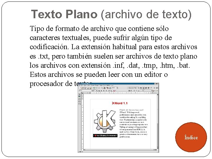Texto Plano (archivo de texto) Tipo de formato de archivo que contiene sólo caracteres