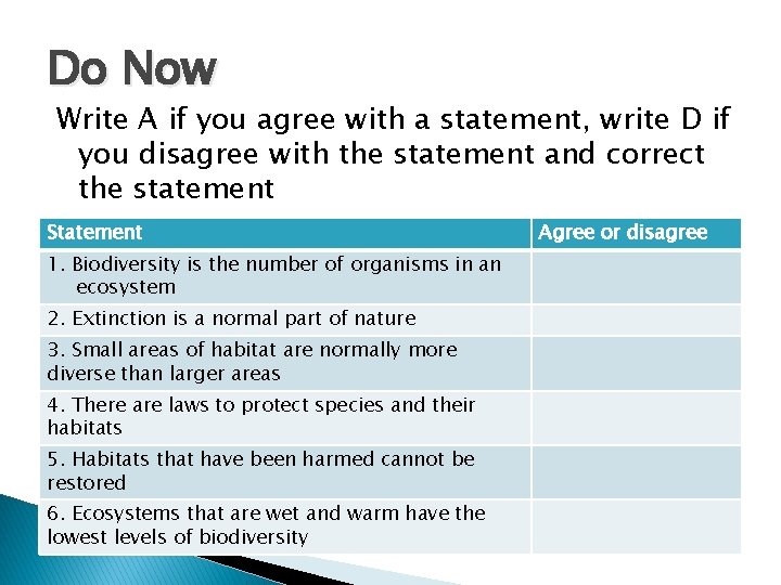 Do Now Write A if you agree with a statement, write D if you