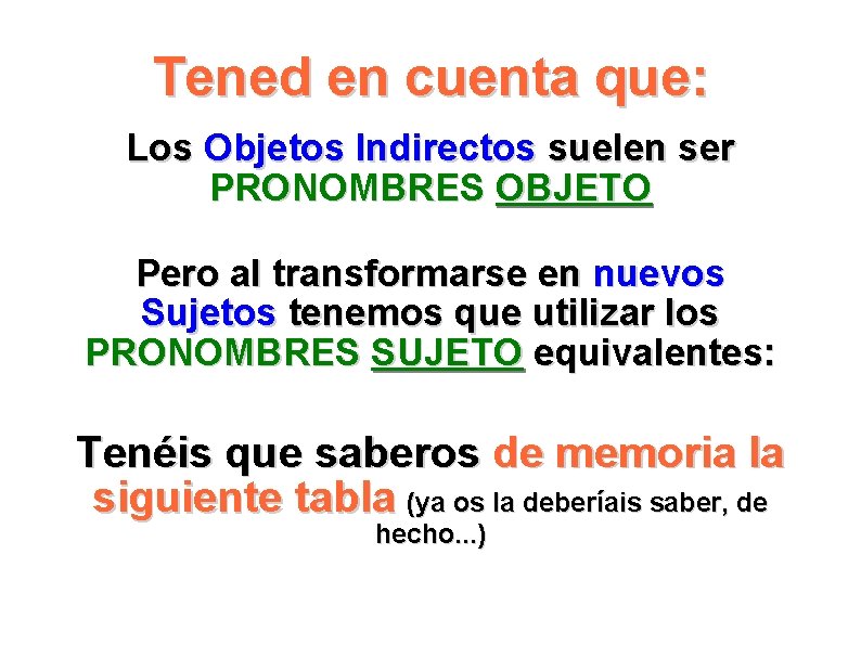 Tened en cuenta que: Los Objetos Indirectos suelen ser PRONOMBRES OBJETO Pero al transformarse