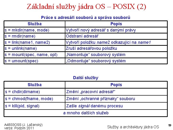 Základní služby jádra OS – POSIX (2) Práce s adresáři souborů a správa souborů
