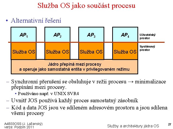 Služba OS jako součást procesu • Alternativní řešení AP 1 Služba OS AP 2