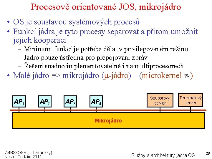 Procesově orientované JOS, mikrojádro • OS je soustavou systémových procesů • Funkcí jádra je