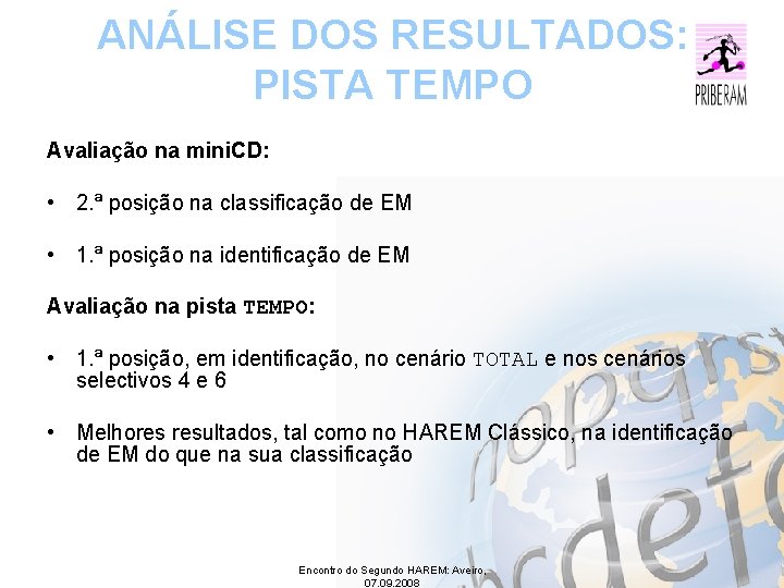 ANÁLISE DOS RESULTADOS: PISTA TEMPO Avaliação na mini. CD: • 2. ª posição na