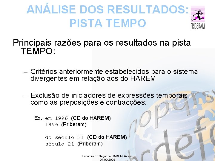 ANÁLISE DOS RESULTADOS: PISTA TEMPO Principais razões para os resultados na pista TEMPO: –