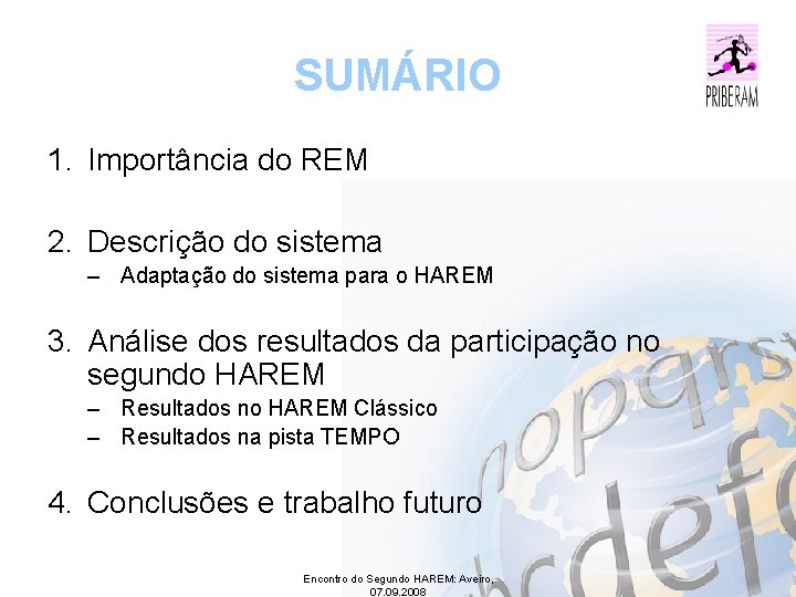 SUMÁRIO 1. Importância do REM 2. Descrição do sistema – Adaptação do sistema para