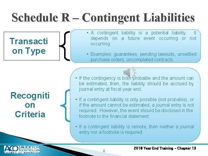 Schedule R – Contingent Liabilities Transacti on Type Recogniti on Criteria • A contingent