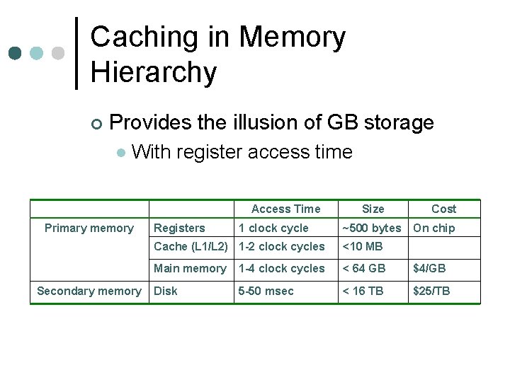 Caching in Memory Hierarchy ¢ Provides the illusion of GB storage l With register