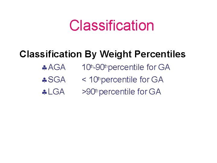 Classification By Weight Percentiles AGA SGA LGA 10 th-90 thpercentile for GA < 10