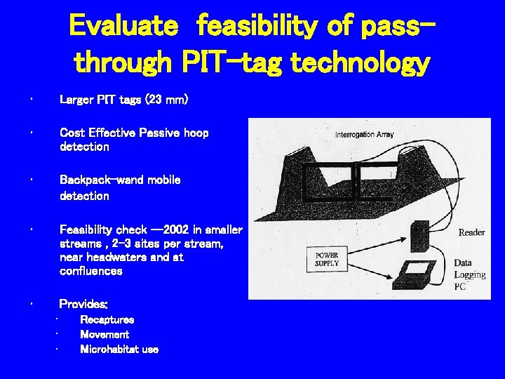 Evaluate feasibility of passthrough PIT-tag technology • Larger PIT tags (23 mm) • Cost