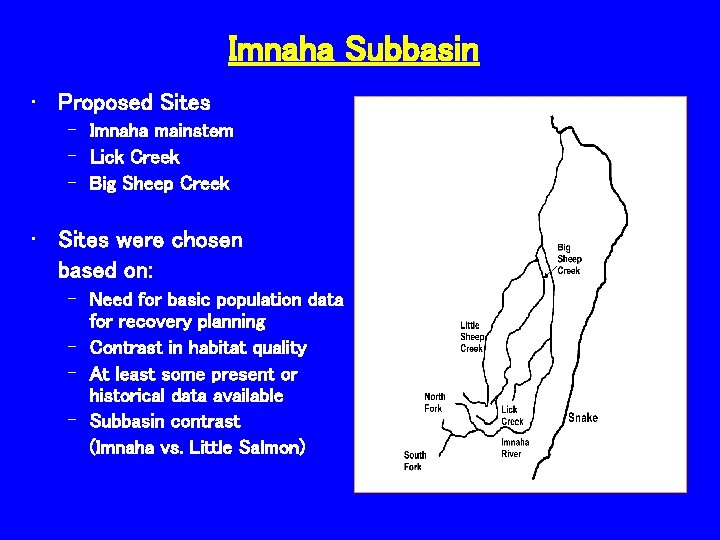 Imnaha Subbasin • Proposed Sites – Imnaha mainstem – Lick Creek – Big Sheep