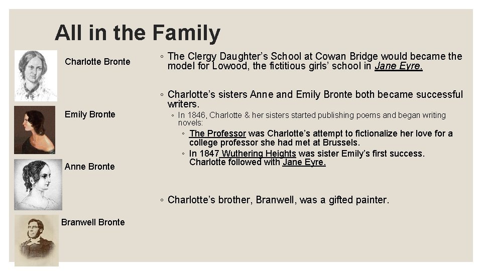 All in the Family Charlotte Bronte Emily Bronte Anne Bronte ◦ The Clergy Daughter’s