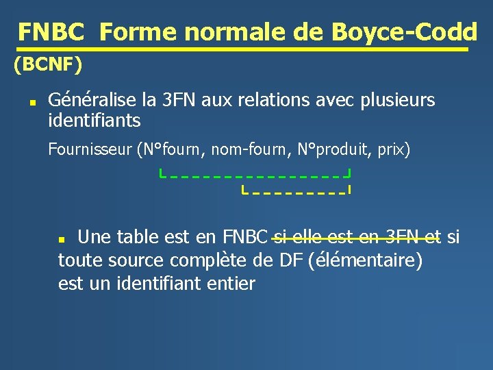 FNBC Forme normale de Boyce-Codd (BCNF) n Généralise la 3 FN aux relations avec