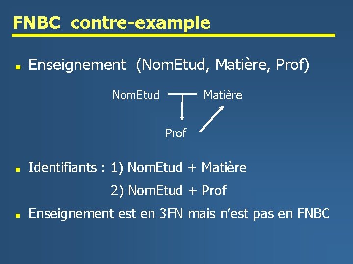 FNBC contre-example n Enseignement (Nom. Etud, Matière, Prof) Nom. Etud Matière Prof n Identifiants