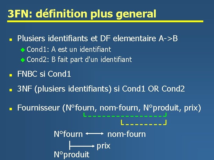 3 FN: définition plus general n Plusiers identifiants et DF elementaire A->B u Cond