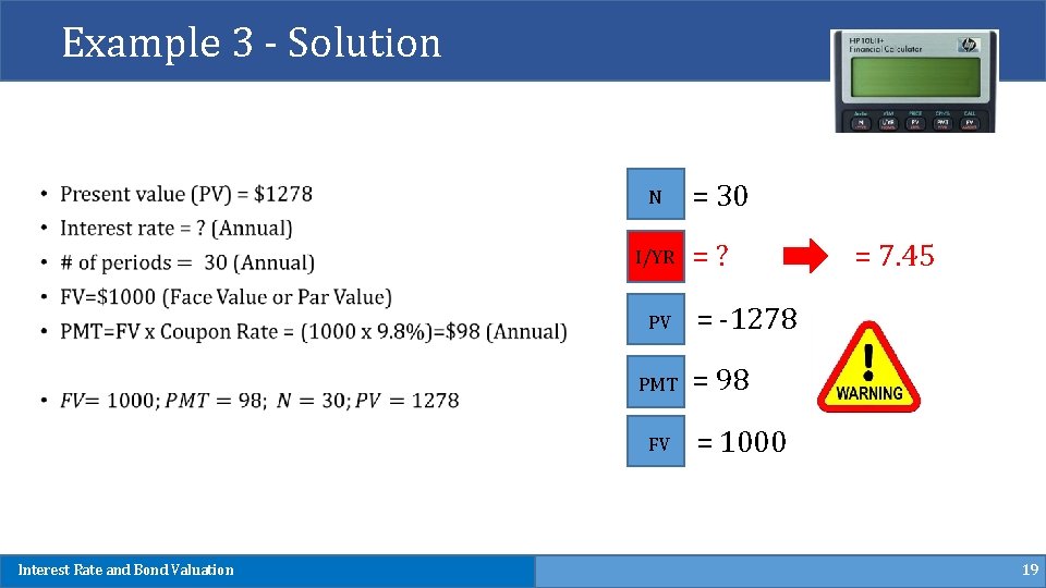 Example 3 - Solution N I/YR PV PMT FV Interest Rate and Bond Valuation