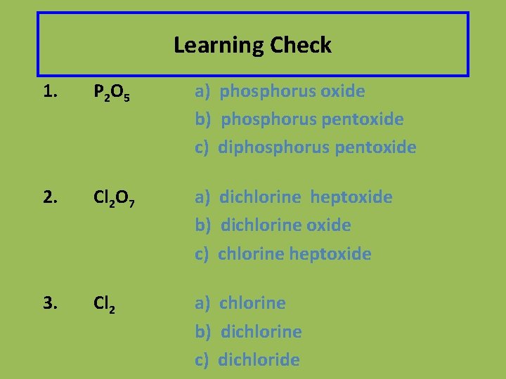 Learning Check 1. P 2 O 5 a) phosphorus oxide b) phosphorus pentoxide c)
