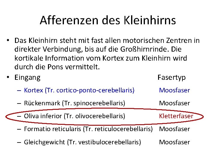 Afferenzen des Kleinhirns • Das Kleinhirn steht mit fast allen motorischen Zentren in direkter