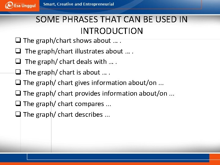 SOME PHRASES THAT CAN BE USED IN INTRODUCTION q The graph/chart shows about ….
