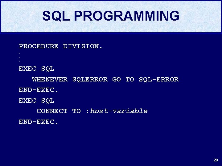 SQL PROGRAMMING PROCEDURE DIVISION. . EXEC SQL WHENEVER SQLERROR GO TO SQL-ERROR END-EXEC SQL