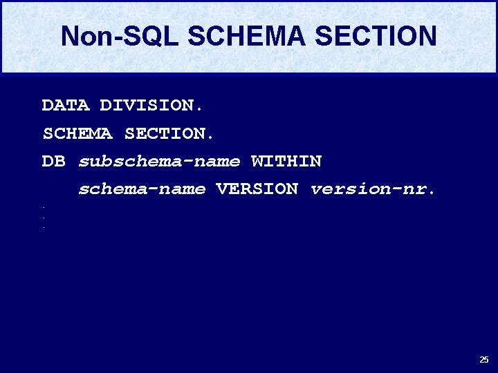 Non-SQL SCHEMA SECTION DATA DIVISION. SCHEMA SECTION. DB subschema-name WITHIN schema-name VERSION version-nr. .
