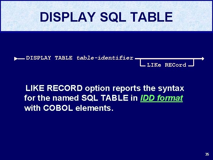 DISPLAY SQL TABLE DISPLAY TABLE table-identifier LIKe RECord LIKE RECORD option reports the syntax