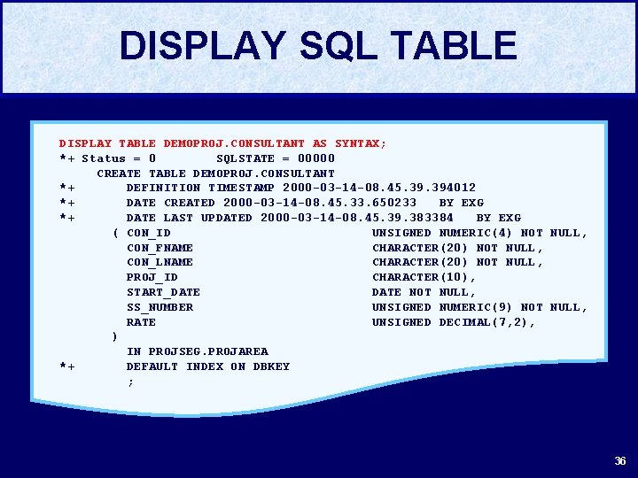 DISPLAY SQL TABLE DISPLAY TABLE DEMOPROJ. CONSULTANT AS SYNTAX; *+ Status = 0 SQLSTATE