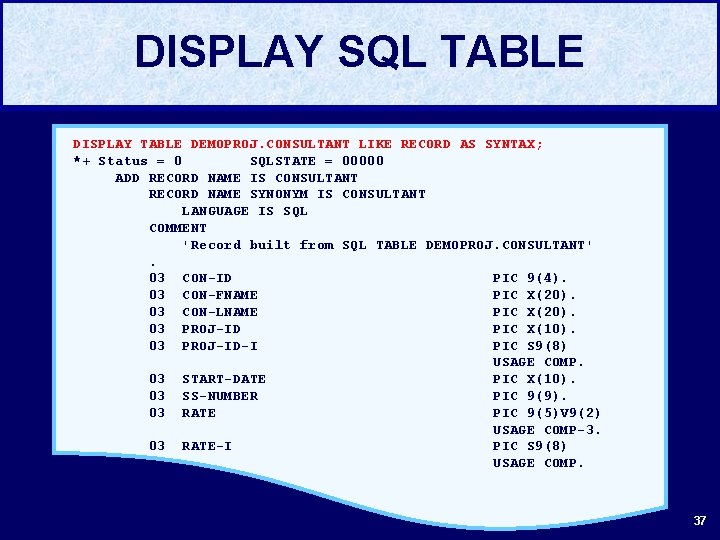 DISPLAY SQL TABLE DISPLAY TABLE DEMOPROJ. CONSULTANT LIKE RECORD AS SYNTAX; *+ Status =