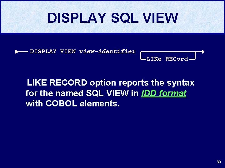 DISPLAY SQL VIEW DISPLAY VIEW view-identifier LIKe RECord LIKE RECORD option reports the syntax