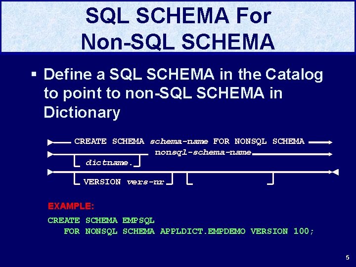 SQL SCHEMA For Non-SQL SCHEMA § Define a SQL SCHEMA in the Catalog to