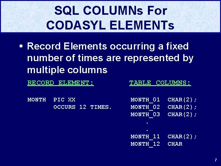 SQL COLUMNs For CODASYL ELEMENTs § Record Elements occurring a fixed number of times