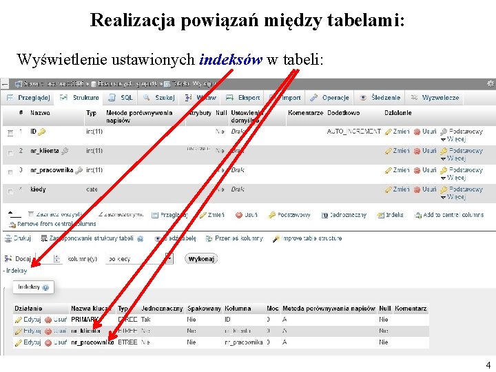 Realizacja powiązań między tabelami: Wyświetlenie ustawionych indeksów w tabeli: 4 