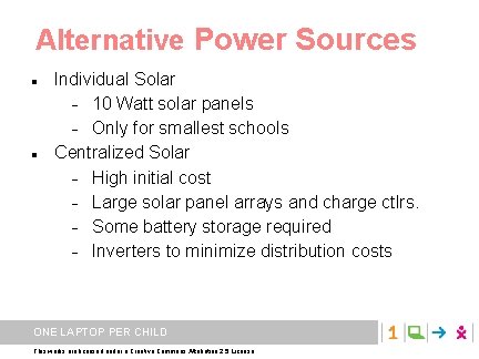 Alternative Power Sources Individual Solar 10 Watt solar panels Only for smallest schools Centralized